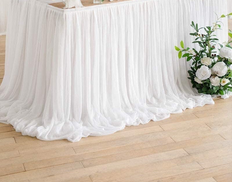 SWEETHEART - WHITE - 14ft Chiffon Table Skirt With Extra Length,Tulle Table Skirt for Backyard Lawn Wedding Dessert Birthday Party Cake