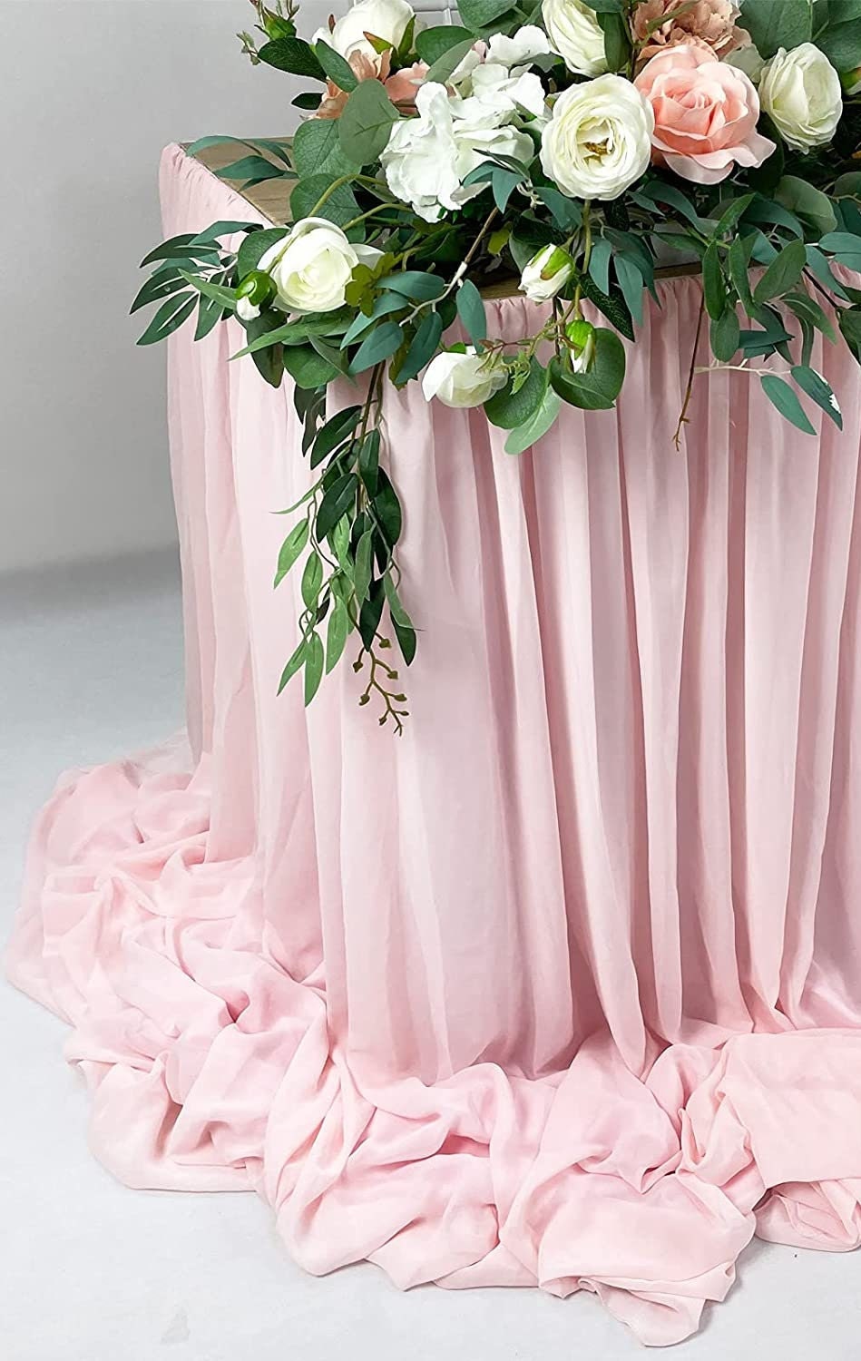 SWEETHEART - PINK - 14ft Chiffon Table Skirt With Extra Length,Tulle Table Skirt for Backyard Lawn Wedding Dessert Birthday Party Cake