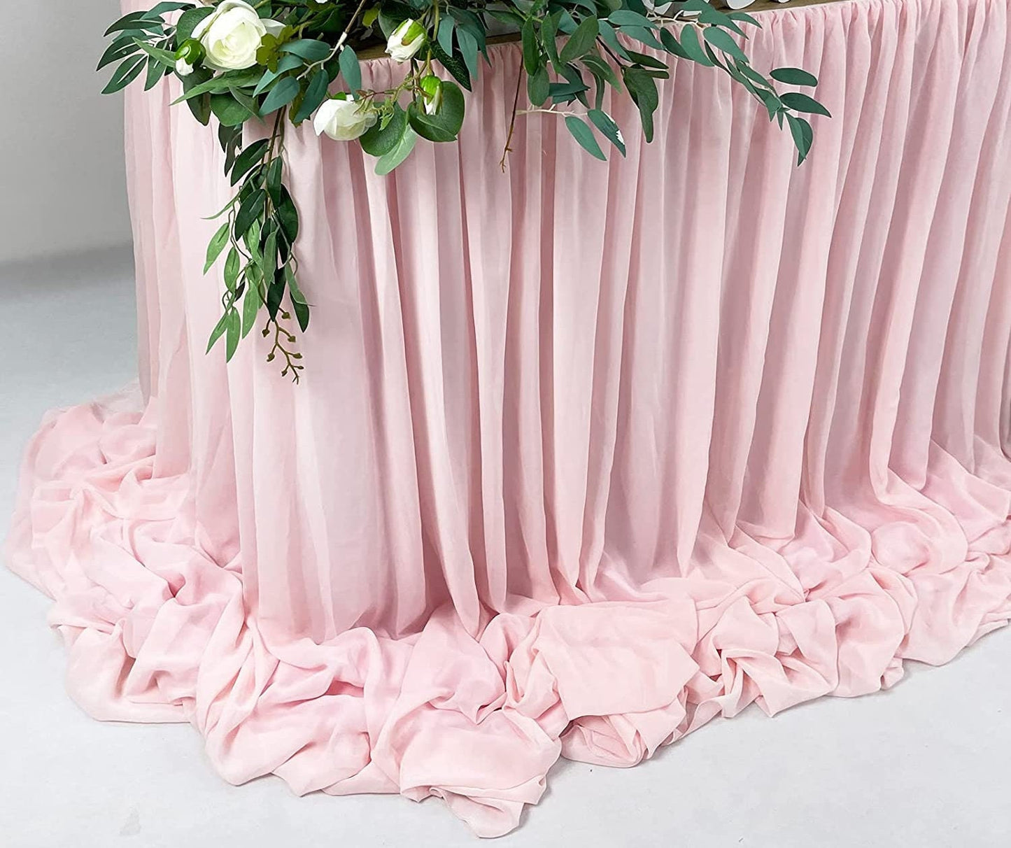 SWEETHEART - PINK - 14ft Chiffon Table Skirt With Extra Length,Tulle Table Skirt for Backyard Lawn Wedding Dessert Birthday Party Cake