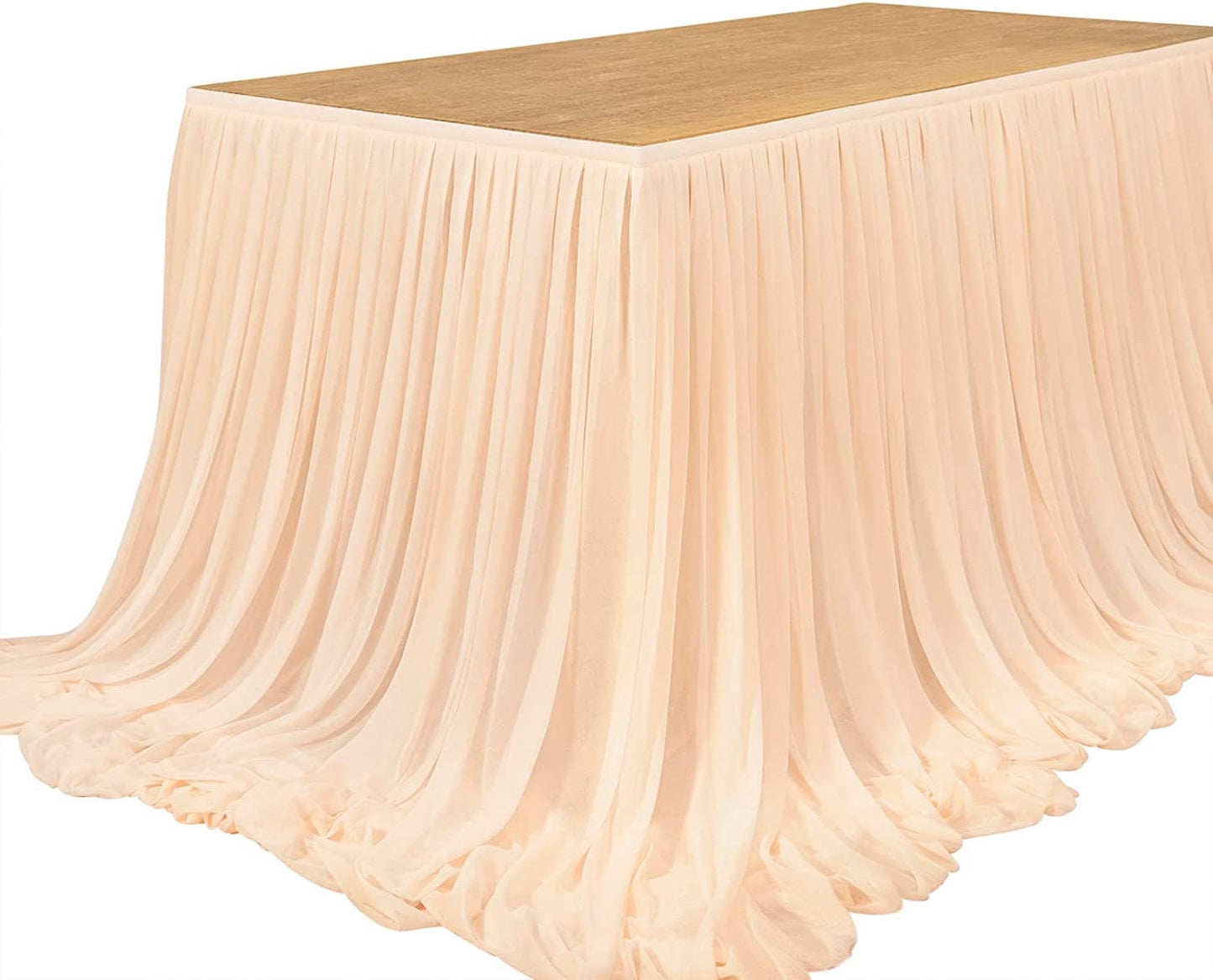 SWEETHEART - PEACH - 14ft Chiffon Table Skirt With Extra Length,Tulle Table Skirt for Backyard Lawn Wedding Dessert Birthday Party Cake