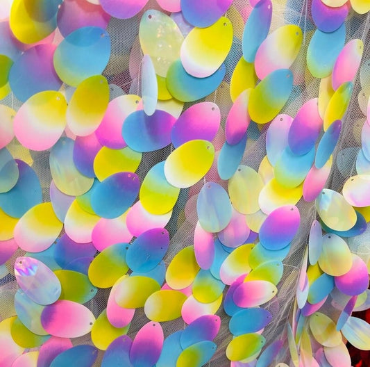 JUMBO TEARDROP -  Jumbo Stretch Mesh 2 Way - PASTEL - Sold By The Yard - Tear Drop Mermaid Jumbo Sequins Fabric On a Mesh Fabric Iridescent