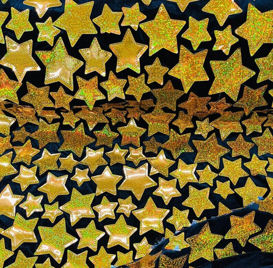 METALLIC STARS - Metallic Sequins Velvet Fabric - Black Stretch Velvet - IRIDESCENT - By The Yard. Gold