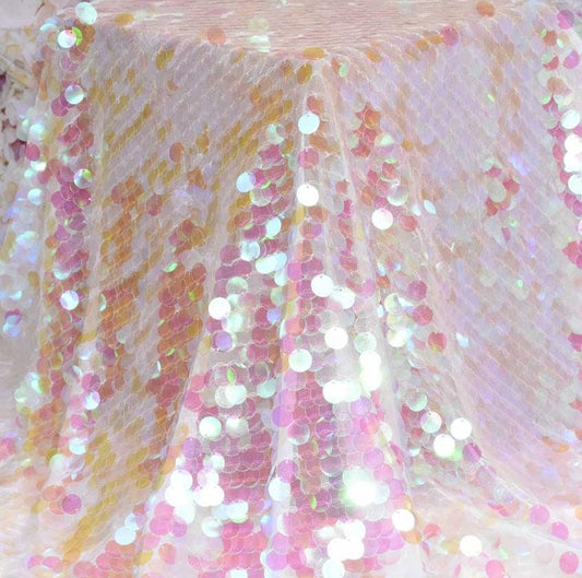 BIG PAILLETTE - PINK - Iridescent Big Round Paillette on Stretch Mesh Base 2  Way Stretch - Sold By The Yard. Mermaid Sequin Fabric Fashion