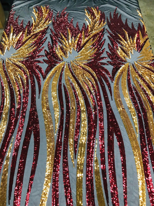 PEACOCK FEATHERS -  Peacock Feathers Fashion Design with Sequins Embroider on a 4 Way Stretch Mesh Fabric-Sold by The Yard. Gold/Burgundy