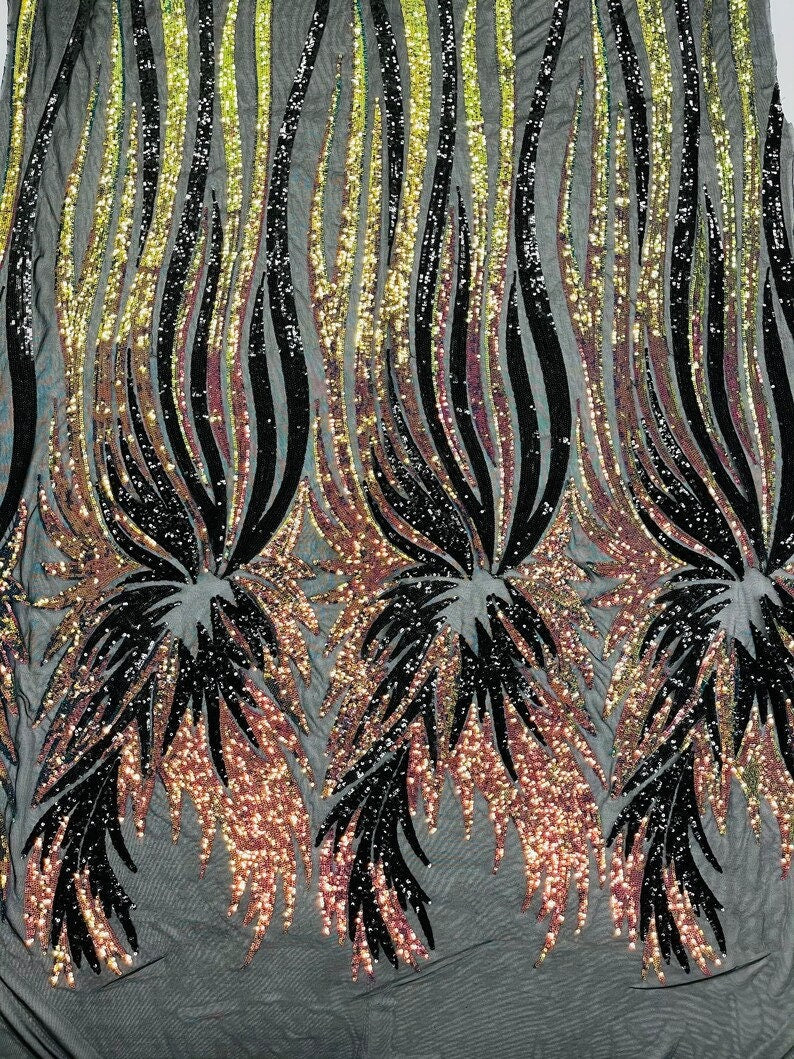 PEACOCK FEATHERS -  Peacock Feathers Fashion Design with Sequins Embroider on a 4 Way Stretch Mesh Fabric-Sold by The Yard. Rainbow/Black