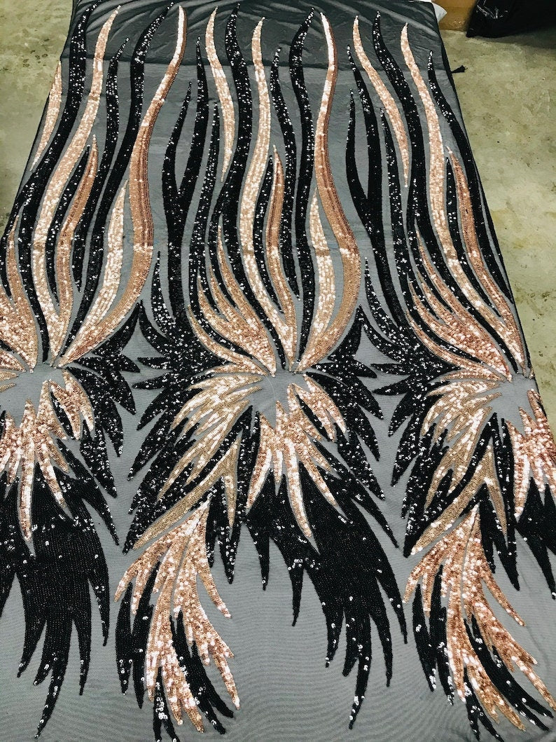 PEACOCK FEATHERS -  Peacock Feathers Fashion Design with Sequins Embroider on a 4 Way Stretch Mesh Fabric-Sold by The Yard. Rose Gold/Black