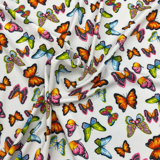 BUTTERFLY -  Butterfly Print Stretch Spandex-Sold By The Yard - WHITE- Ideal For Costumes, Dresses, Leggings, Swimsuit and Mucho More