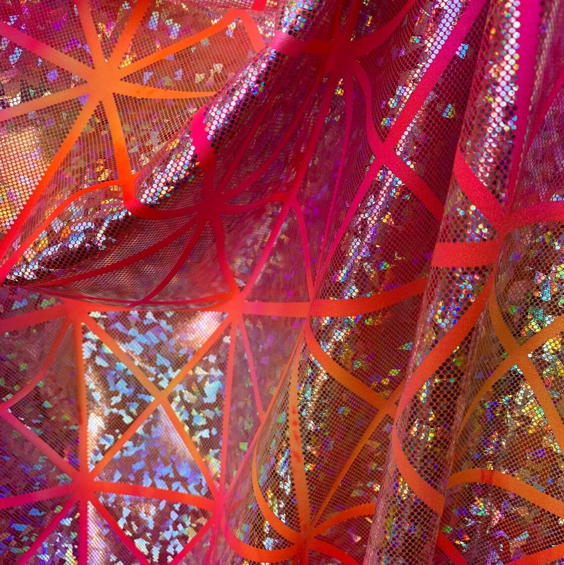 Tie Dye Shattered Glass Hologram - Print On Nylon Spandex Fabric Sold By Yard - ORANGEPINK - Ideal For Costumes, Dresses, Leggings,Swimsuit