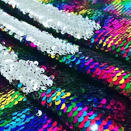 Flip Sequin Fabric Mermaid Reversible Sequin Fabric - RAINBOW/SILVER - Fabric Sequin Fabric for Sewing  By The Yard -Evening Dress Party