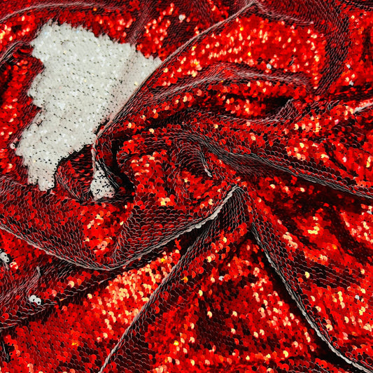 Flip Sequin Fabric Mermaid Reversible Sequin Fabric - RED/WHITE - Fabric Sequin Fabric for Sewing  By The Yard -Evening Dress Party