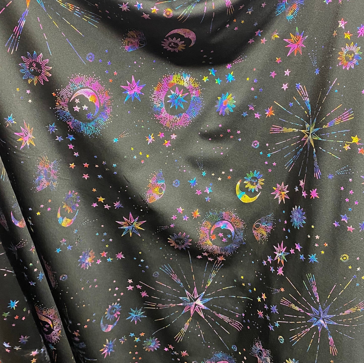 HEAVENLY ICONS -  Print Stretch Spandex-Sold By The Yard - BLACKRAINBOW- Ideal For Costumes, Dresses, Leggings, Swimsuit and Mucho More