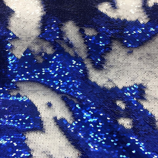 Flip Sequin Fabric Mermaid Reversible Sequin Fabric - ROYAL/ WHITE - Fabric Sequin Fabric for Sewing  By The Yard -Evening Dress Party