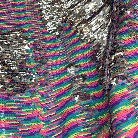 Flip Sequin Fabric Mermaid Reversible Sequin Fabric - PASTEL - RAINBOW/SILVER- Fabric Sequin Fabric for Sewing  By The Yard -Evening Dress