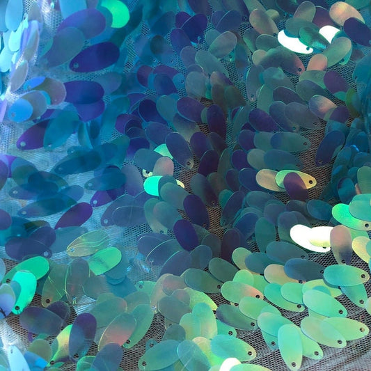 OVAL TEAR DROP  - Iridescent Oval Tear Mini Drop Sequins on Stretch Mesh 2 Way Stretch - Sold By Yard Mermaid Sequin Fabric Fashion Sky Blue