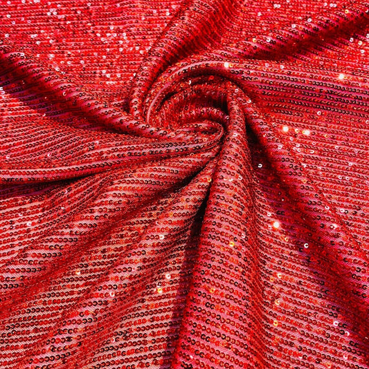 SHINY CHAIN - Designers Chain Shiny Sequins Design On a 4 Way Stretch Mesh Fabric - RED - Sold By The Yard