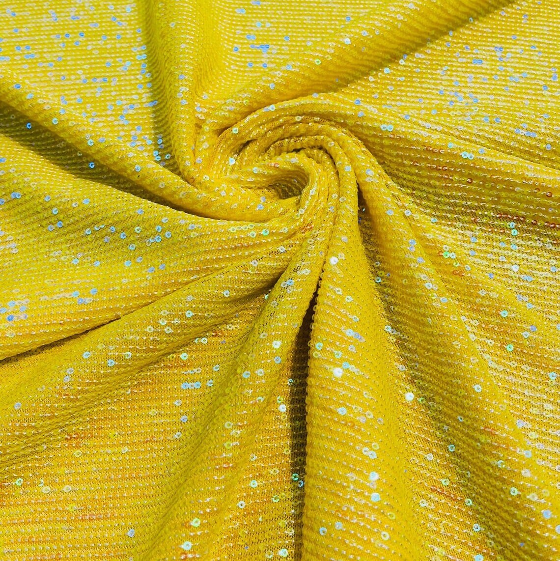 IRIDESCENT CHAIN - Designers Chain Shiny Sequins Design On a 4 Way Stretch Mesh Fabric - YELLOW - Sold By The Yard