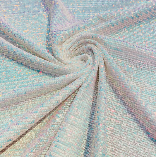 IRIDESCENT CHAIN - Designers Chain Shiny Sequins Design On a 4 Way Stretch Mesh Fabric - AQUA - Sold By The Yard