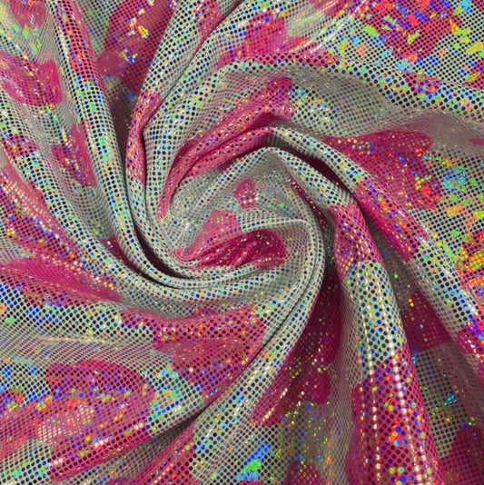 Holographic Print Poly Spandex Fabric 4 Way Stretch - Sold By The Yard - PINK - Ideal For Dostumes, Dresses, Leggings,