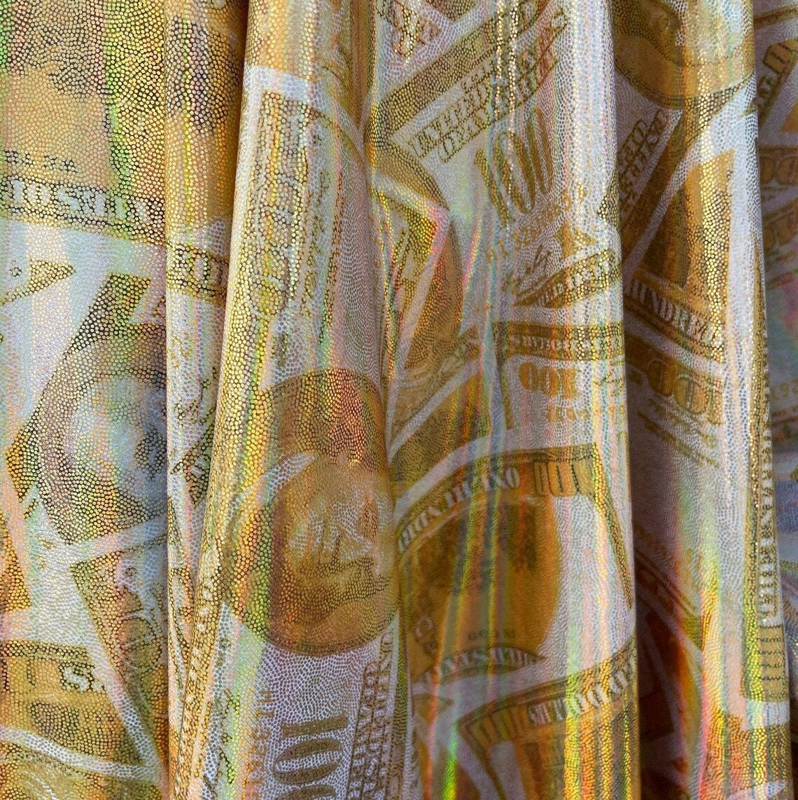 HUNDRED DOLLAR - Metallic Print Nylon Spandex Fabric 4 Way Stretch - Sold By The Yard - GOLD - Ideal For Dostumes, Dresses, Leggings,