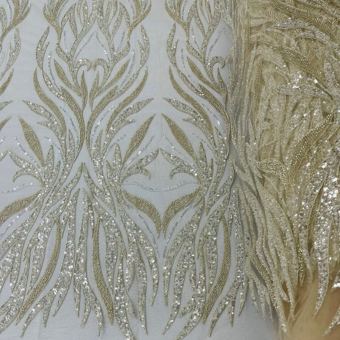 FLAMES FEATHER-  Designs Embroider with Sequins and Heavy Beaded on a Mesh Lace Fabric-Sold By The Yard - BEIGE