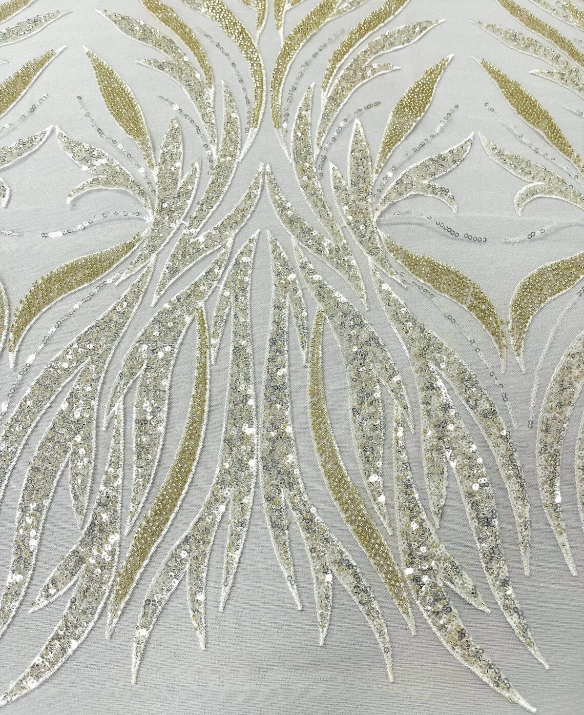 FLAMES FEATHER-  Designs Embroider with Sequins and Heavy Beaded on a Mesh Lace Fabric-Sold By The Yard - IVORY