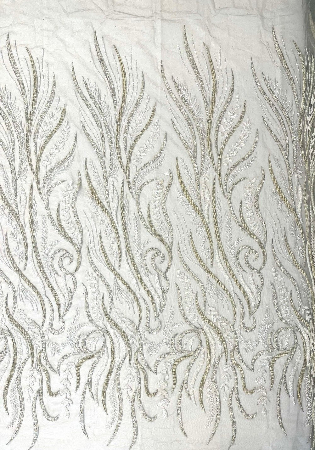 FEATHER-  Designs Embroider with Sequins and Heavy Beaded on a Mesh Lace Fabric - Sold By The Yard - SILVER