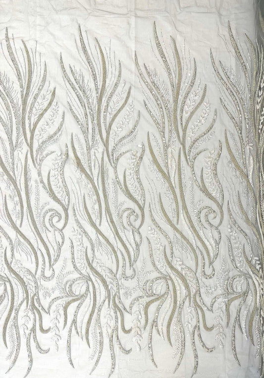 FEATHER-  Designs Embroider with Sequins and Heavy Beaded on a Mesh Lace Fabric - Sold By The Yard - SILVER