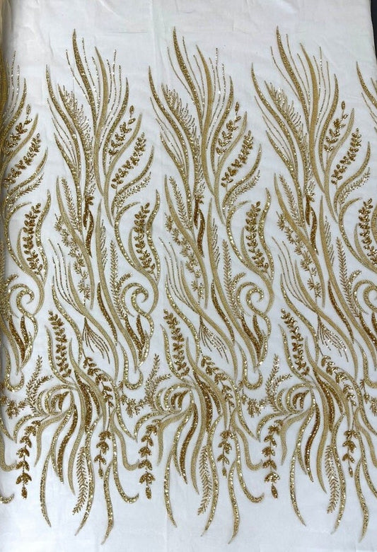 FEATHER-  Designs Embroider with Sequins and Heavy Beaded on a Mesh Lace Fabric - Sold By The Yard - GOLD