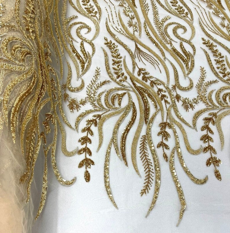 FEATHER-  Designs Embroider with Sequins and Heavy Beaded on a Mesh Lace Fabric - Sold By The Yard - GOLD