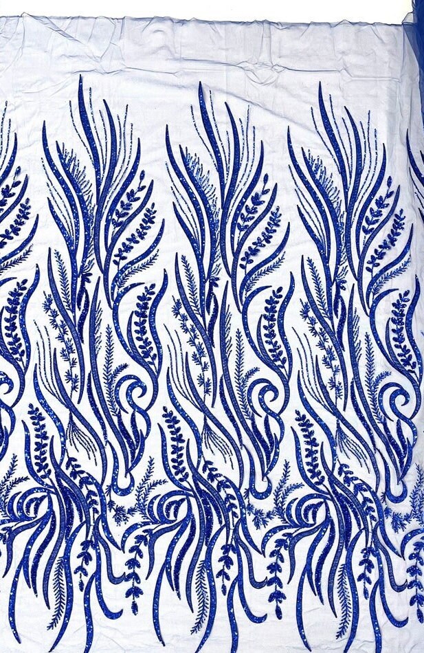 FEATHER-  Designs Embroider with Sequins and Heavy Beaded on a Mesh Lace Fabric - Sold By The Yard - ROYALBLUE