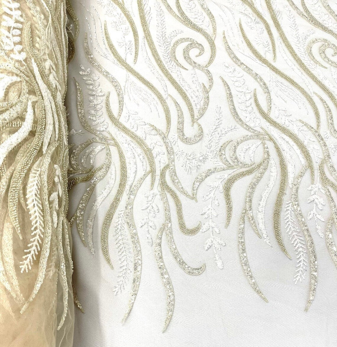 FEATHER-  Designs Embroider with Sequins and Heavy Beaded on a Mesh Lace Fabric - Sold By The Yard - BEIGE