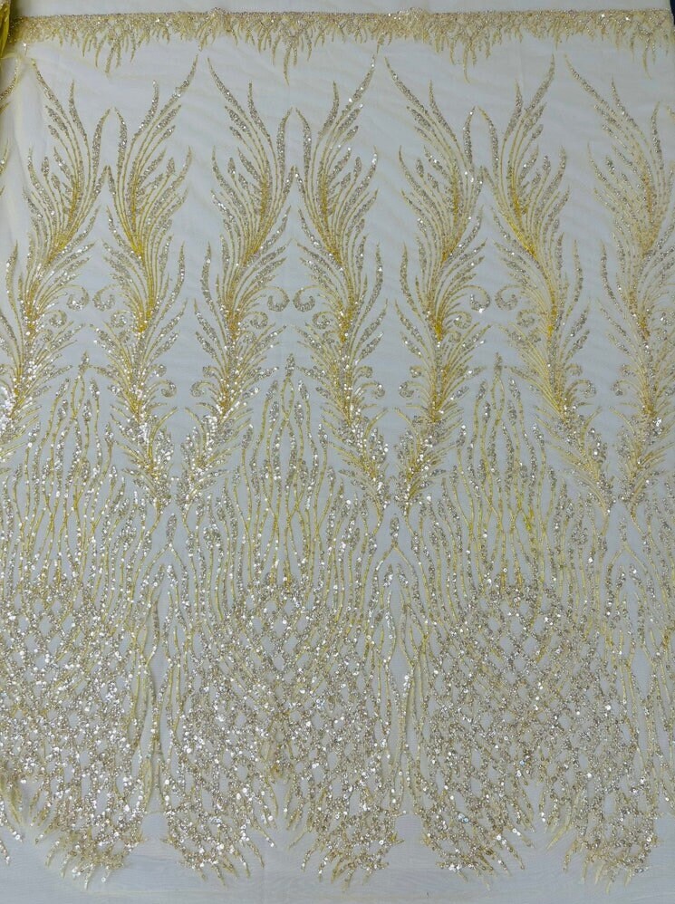 LUXURY FEATHER-  Designs Embroider with Sequins and Heavy Beaded on a Mesh Lace Fabric - Sold By The Yard - YELLOW