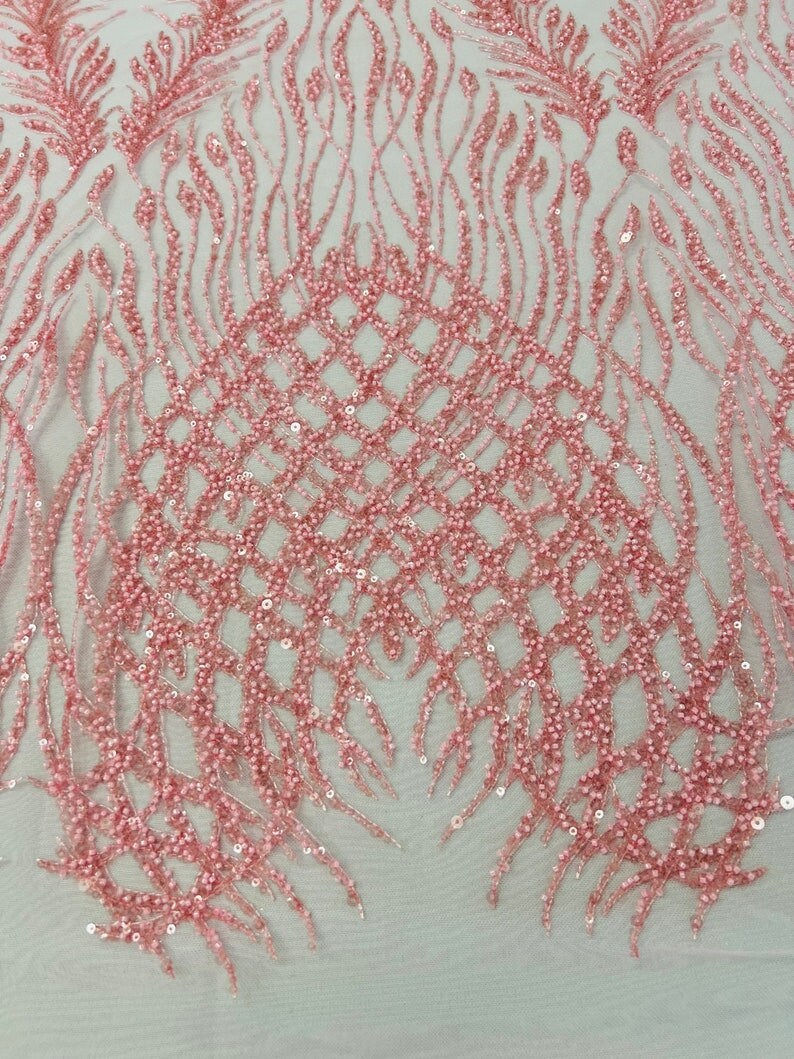 LUXURY FEATHER-  Designs Embroider with Sequins and Heavy Beaded on a Mesh Lace Fabric - Sold By The Yard - PINK