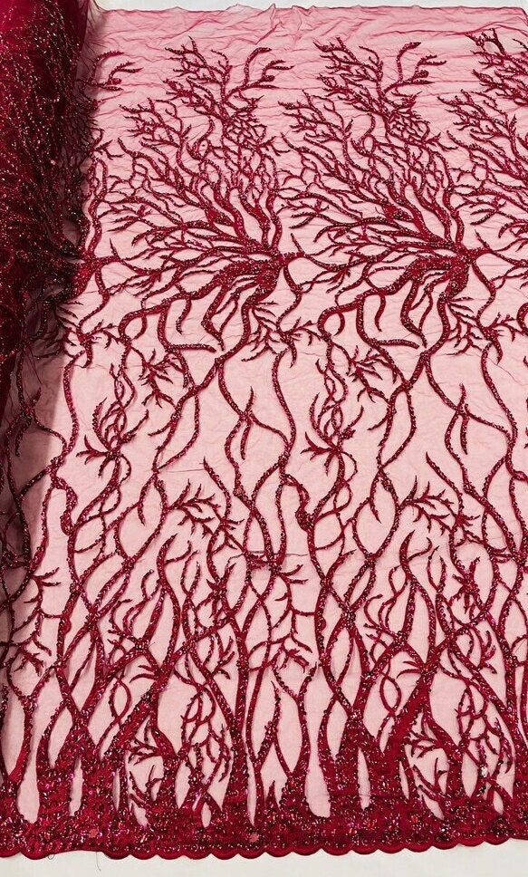 LUXURY ROOTS -  Designs Embroider with Sequins and Heavy Beaded on a Mesh Lace Fabric - Sold By The Yard - BURGUNDY