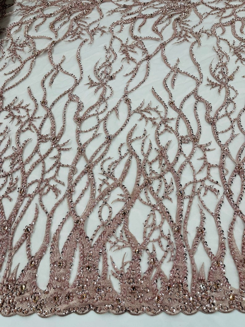 LUXURY ROOTS -  Designs Embroider with Sequins and Heavy Beaded on a Mesh Lace Fabric - Sold By The Yard - BLUSHPINK