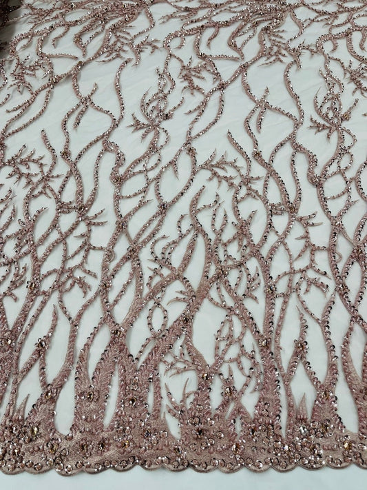 LUXURY ROOTS -  Designs Embroider with Sequins and Heavy Beaded on a Mesh Lace Fabric - Sold By The Yard - BLUSHPINK