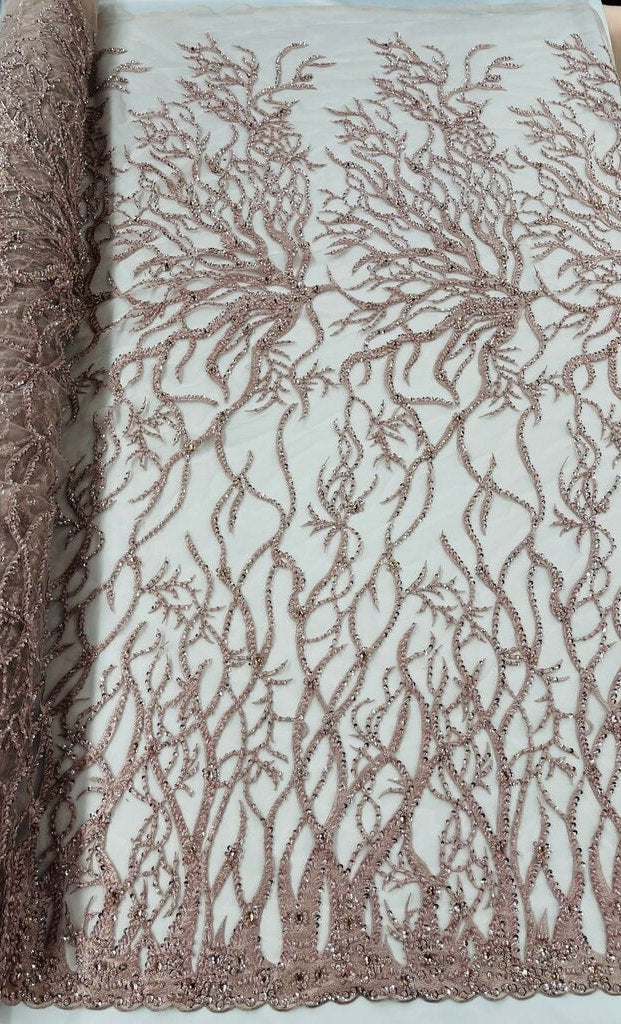 LUXURY ROOTS -  Designs Embroider with Sequins and Heavy Beaded on a Mesh Lace Fabric - Sold By The Yard - BLUSHPINK