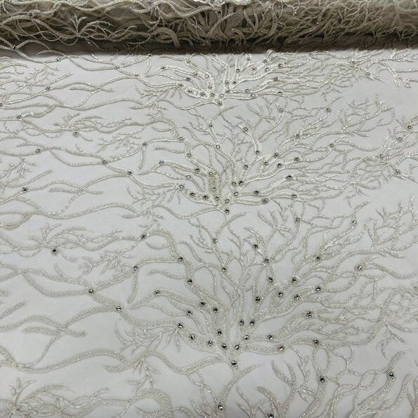 LUXURY ROOTS -  Designs Embroider with Sequins and Heavy Beaded on a Mesh Lace Fabric - Sold By The Yard - OFFWHITE