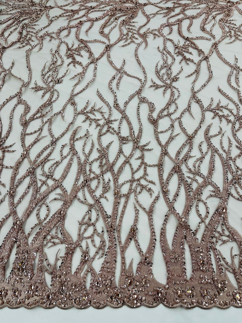 LUXURY ROOTS -  Designs Embroider with Sequins and Heavy Beaded on a Mesh Lace Fabric - Sold By The Yard - ROSEGOLD