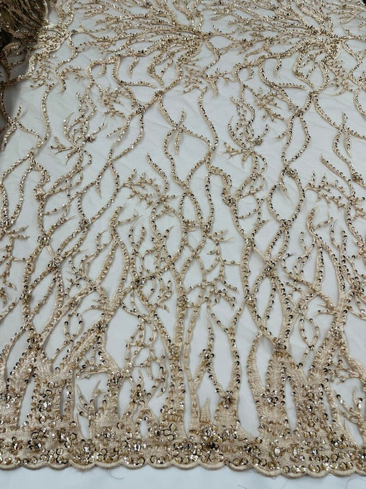 LUXURY ROOTS -  Designs Embroider with Sequins and Heavy Beaded on a Mesh Lace Fabric - Sold By The Yard - CHAMPAGNE