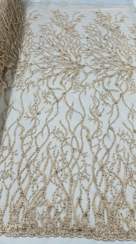 LUXURY ROOTS -  Designs Embroider with Sequins and Heavy Beaded on a Mesh Lace Fabric - Sold By The Yard - CHAMPAGNE