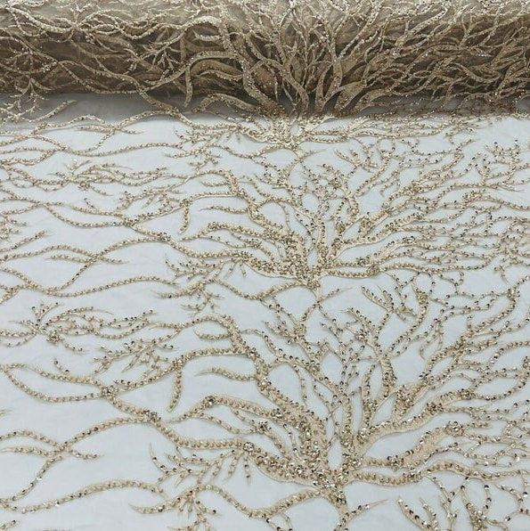 LUXURY ROOTS -  Designs Embroider with Sequins and Heavy Beaded on a Mesh Lace Fabric - Sold By The Yard - CHAMPAGNE