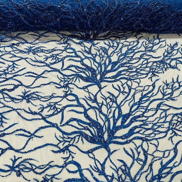 LUXURY ROOTS -  Designs Embroider with Sequins and Heavy Beaded on a Mesh Lace Fabric - Sold By The Yard - ROYALBLUE