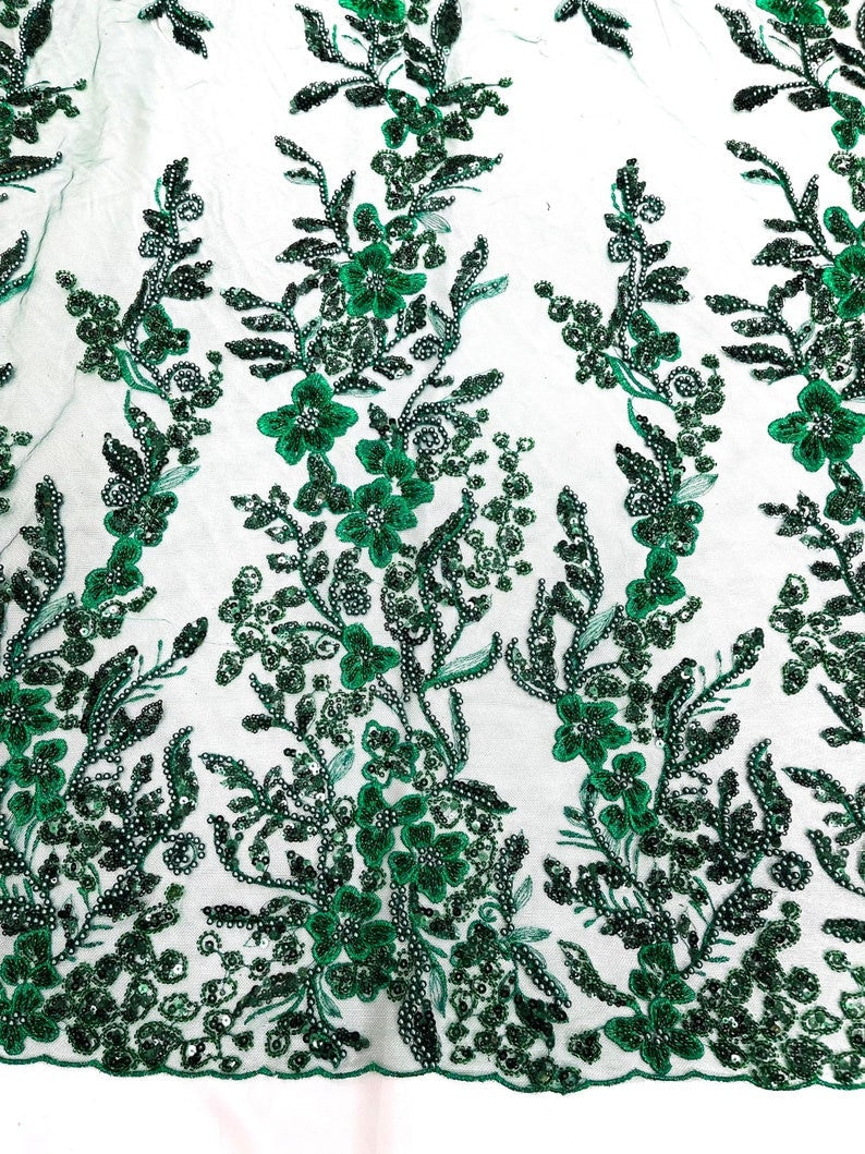 METALLIC BRANCHES  -  Designs Embroider with Sequins and Heavy Beaded on a Mesh Lace Fabric - Sold By The Yard - GREEN