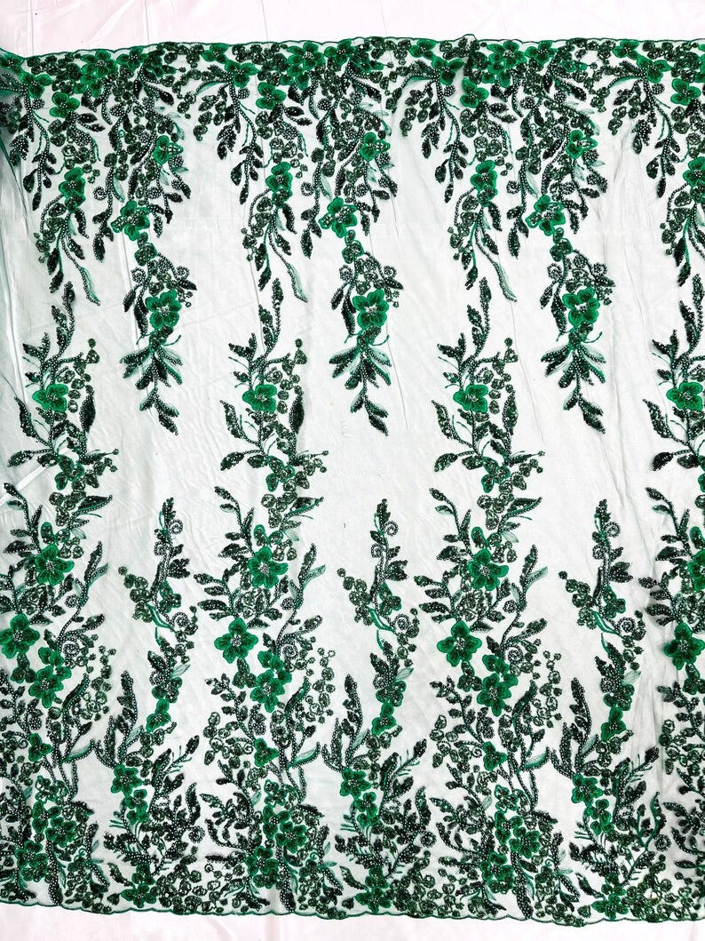 METALLIC BRANCHES  -  Designs Embroider with Sequins and Heavy Beaded on a Mesh Lace Fabric - Sold By The Yard - GREEN