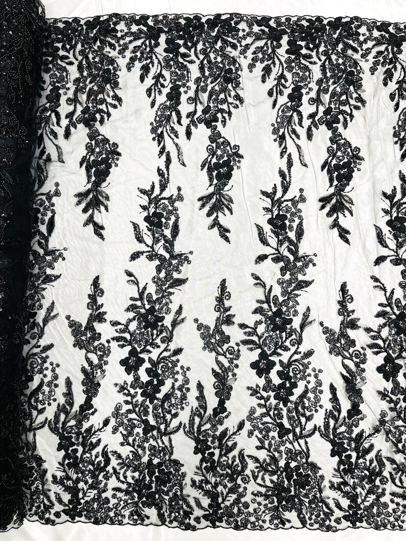 METALLIC BRANCHES  -  Designs Embroider with Sequins and Heavy Beaded on a Mesh Lace Fabric - Sold By The Yard - BLACK