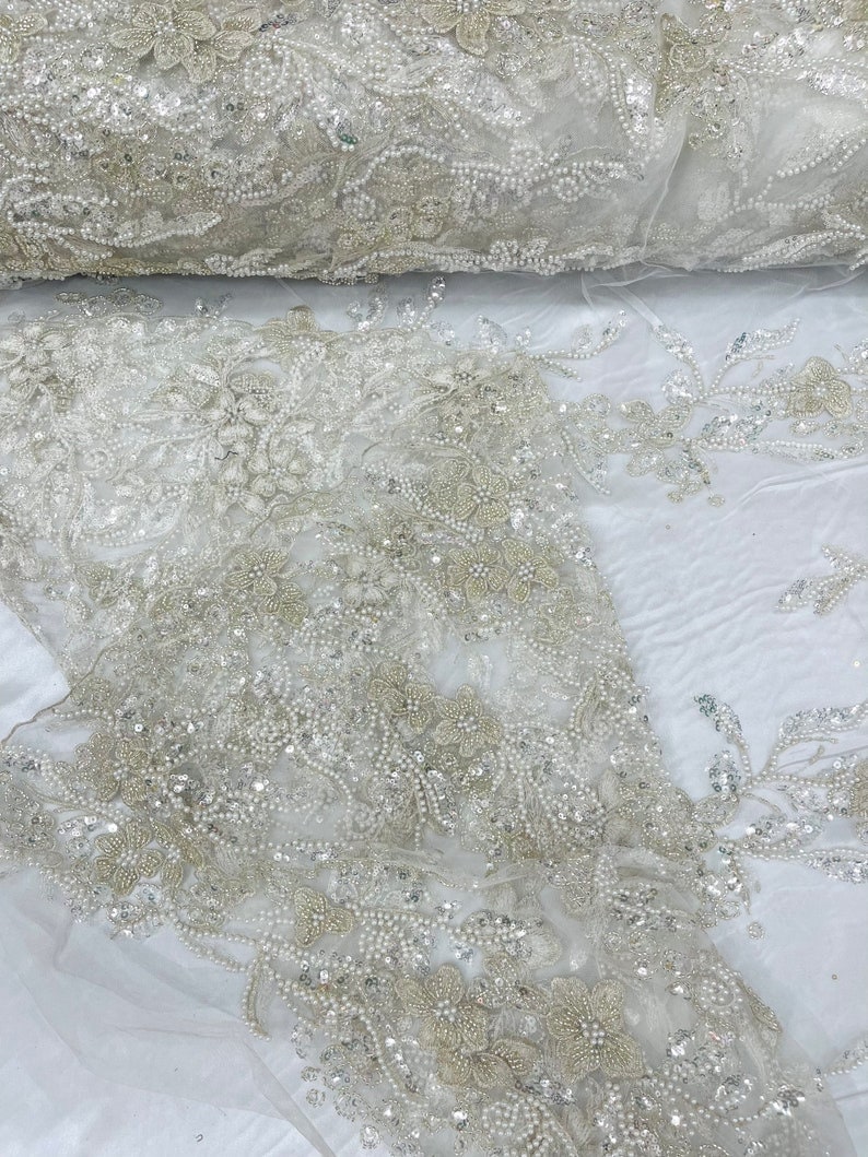 METALLIC BRANCHES  -  Designs Embroider with Sequins and Heavy Beaded on a Mesh Lace Fabric - Sold By The Yard - IVORY