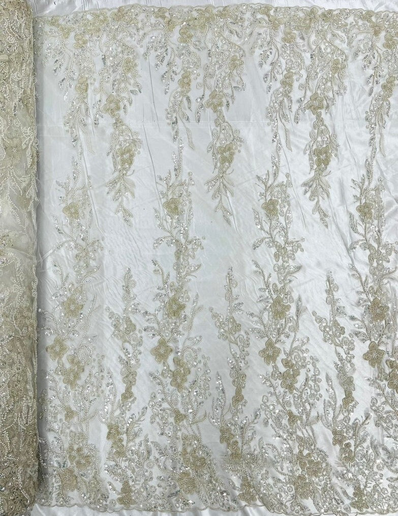 METALLIC BRANCHES  -  Designs Embroider with Sequins and Heavy Beaded on a Mesh Lace Fabric - Sold By The Yard - IVORY