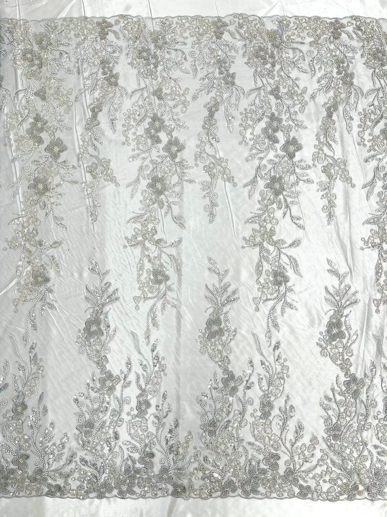 METALLIC BRANCHES  -  Designs Embroider with Sequins and Heavy Beaded on a Mesh Lace Fabric - Sold By The Yard - SILVER