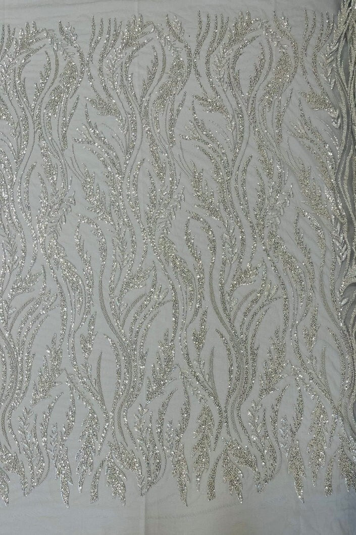 WHEAT BRANCHES  -  Designs Embroider with Sequins and Heavy Beaded on a Mesh Lace Fabric - Sold By The Yard - SILVERCLEAR